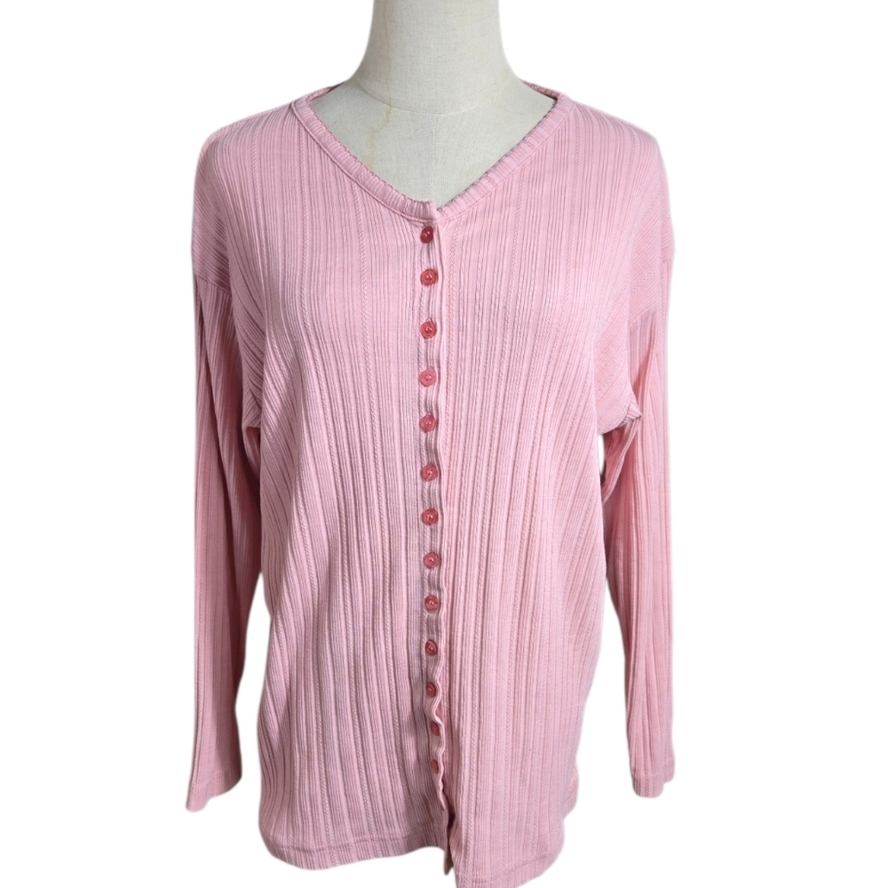 North West Blue Vintagr Pink Button-Up Ribbed Henley Cardigan Top